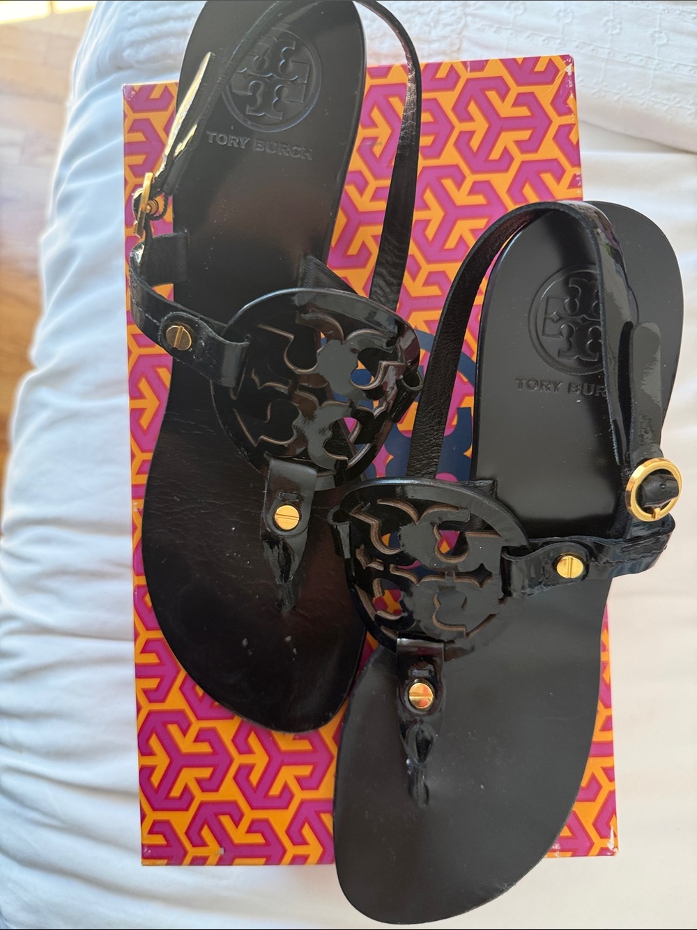 Tory Burch Black Patent Logo Thong Sandals